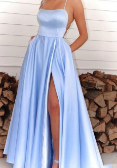 A line light sky blue long prom dresses