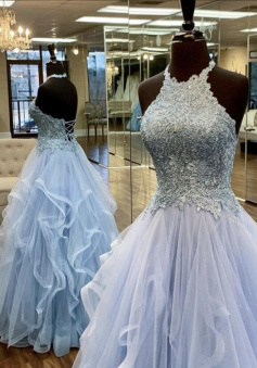 Halter Blue tulle lace long prom dress