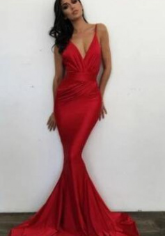 Sexy v neck long prom red evening dress