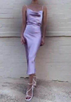 Spaghetti Straps Tea Length Lilac Prom Dress