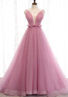 Charming Pink Straps Tulle Long Prom Dress