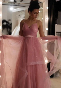 A Line pink tulle prom dress