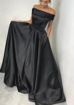 Off Shoulder Black Satin Long Formal Evening Dresses