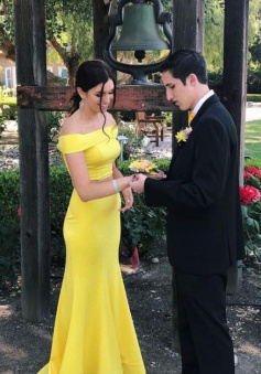 off the shoulder two piece yellow prom dress