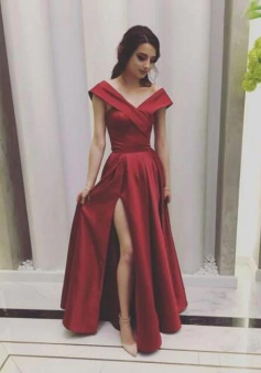 A Line Burgundy V Neck Satin Long Prom Dress With Slit