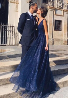 A Line V Neck Navy Blue Long Prom Dresses