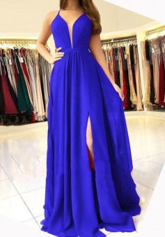 A Line royal blue chiffon split prom dress