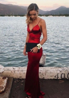 Mermaid V-Neck Long Formal Wine Red Evening Gowns