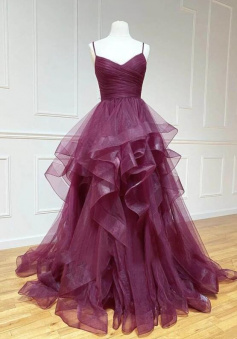 A Line V Neck Tulle Prom Gown Formal Dress