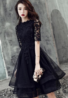 A Line Black lace short prom dress with short sleeves