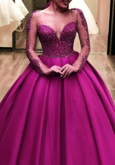 Vintage luxurious long sleeves satin ball gown prom dresses