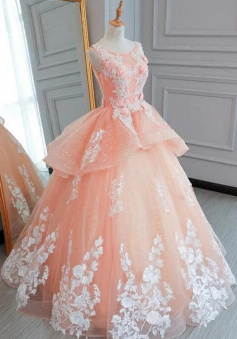 Princess round neck long pink evening dress