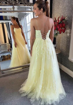 Straps Yellow tulle lace prom dress