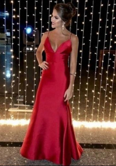 Spaghetti Straps Red Mermaid Evening Dress