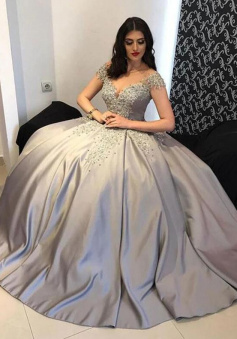 Off-the-Shoulder Ball Gown Satin Sleeveless Prom Dresses