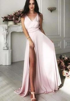 Elegant V-Neck Front Split Long Pink Prom Dresses