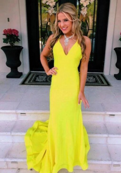 Mermaid yellow open back chiffon prom dresses