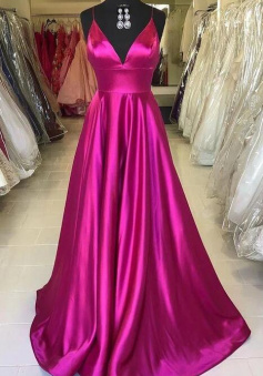 Floor Length Deep V Neck Stain Prom Dresses