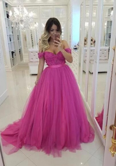 Off The Shoulder Tulle Long Prom Dress With Lace