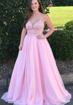 A Line V Neck Pink Lace Prom Dress Long