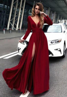 A Line Long Sleeves Chiffon Prom Dress