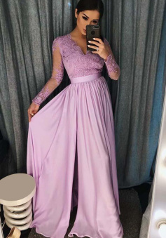 A Line Chiffon Prom Dress with Long Sleeves Evening Dress