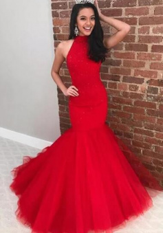 A Line Red Tulle Prom Dress Evening Dress
