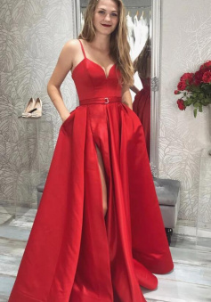 A Line Red High Slit Satin Prom Dresses with Pockets