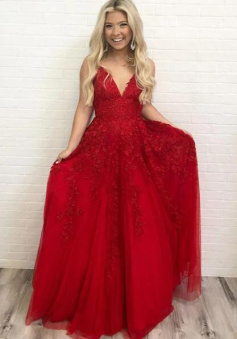 A Line Red Lace Backless Prom Dress 2022
