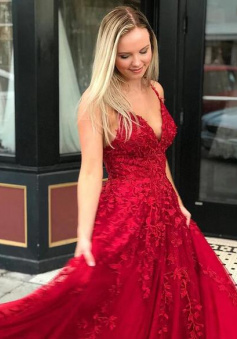 Floor Length Red Lace Prom Dresses