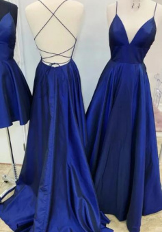 Sexy Backless Blue Long Prom Dress