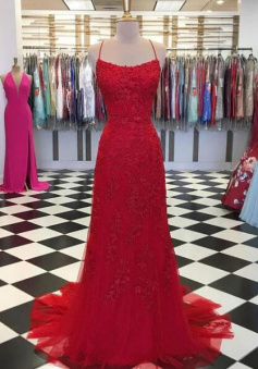 Straps Red Lace Prom Dress Formal Dress