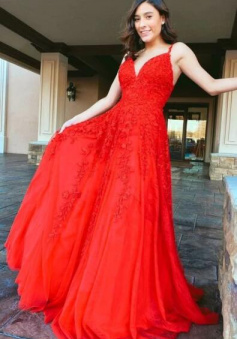 A Line V Neck Red Lace Prom Dress