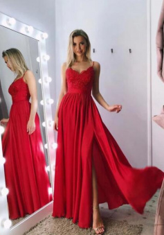 A Line Split Red Prom Dress