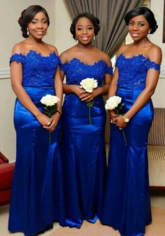 A Line Off Shoulder Royal Blue Lace Bridesmaid Dresses