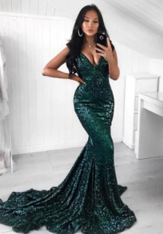 Sexy Mermaid Sequin Green Prom Evening Dress
