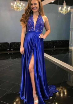 A Line Royal Blue Prom Dress with Slit