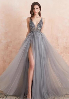 A Line Silver Grey Prom Dress with Slit
