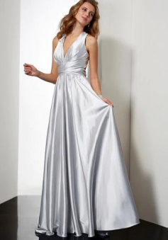 A Line V Neck Silver Prom Dress