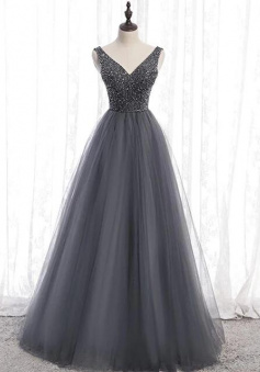 Floor Length Silver Grey Sequin Prom Dress Long
