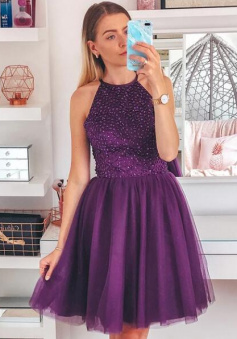 Halter Neckline Purple Homecoming Dress
