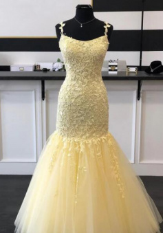 A Line Straps Yellow Lace Prom Dress