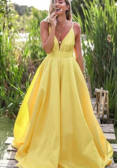 Simple Yellow Deep V Neckline Evening Dress