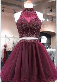 Halter Two Pieces Short Prom Dress Homecoming Dress