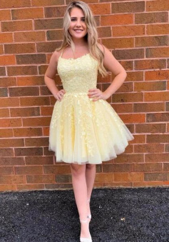 Yellow Lace Homecoming Dress Short Prom Dress