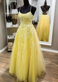 Yellow Lace Prom Dress Long Formal Ball Dress 2023