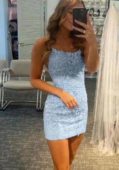 Cute Sky Blue Cross Backless Lace Homecoming Dress