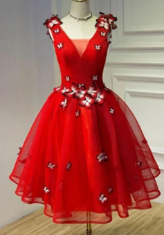 A line red v neck short homecoming dress