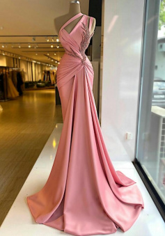 Sexy one shoulder pink prom dresses with beading