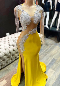 Sexy yellow side slit lace evening dresses
